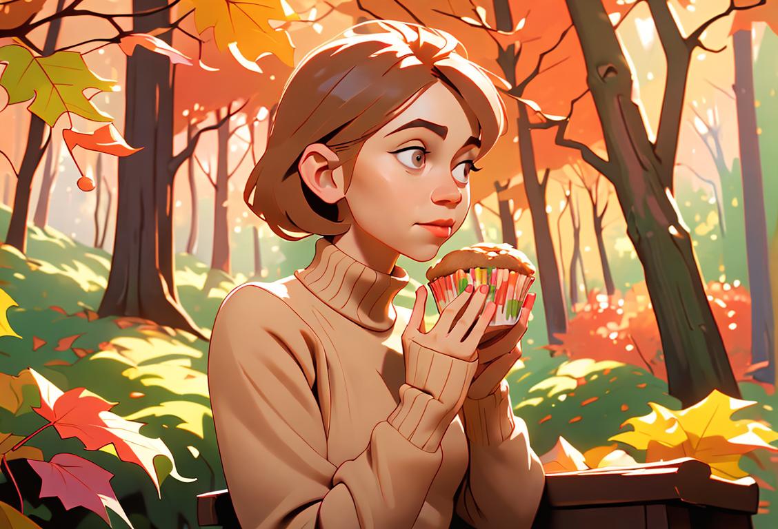 Young woman enjoying a hard candy oatmeal muffin, wearing a cozy sweater, autumn forest setting, surrounded by colorful falling leaves..