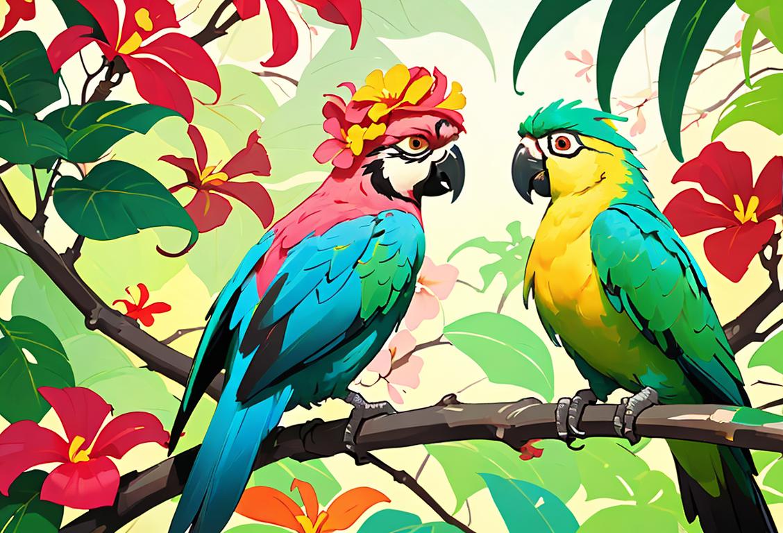 Colorful parrots perched on a blossoming tree branch, surrounded by tropical foliage, wearing vibrant flower crowns, in a lush rainforest setting..