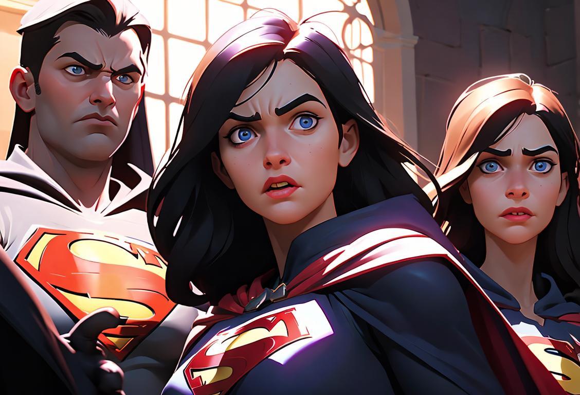 Brave girl facing her fear, wearing superhero cape, surrounded by dark shadows and a supportive group of friends..