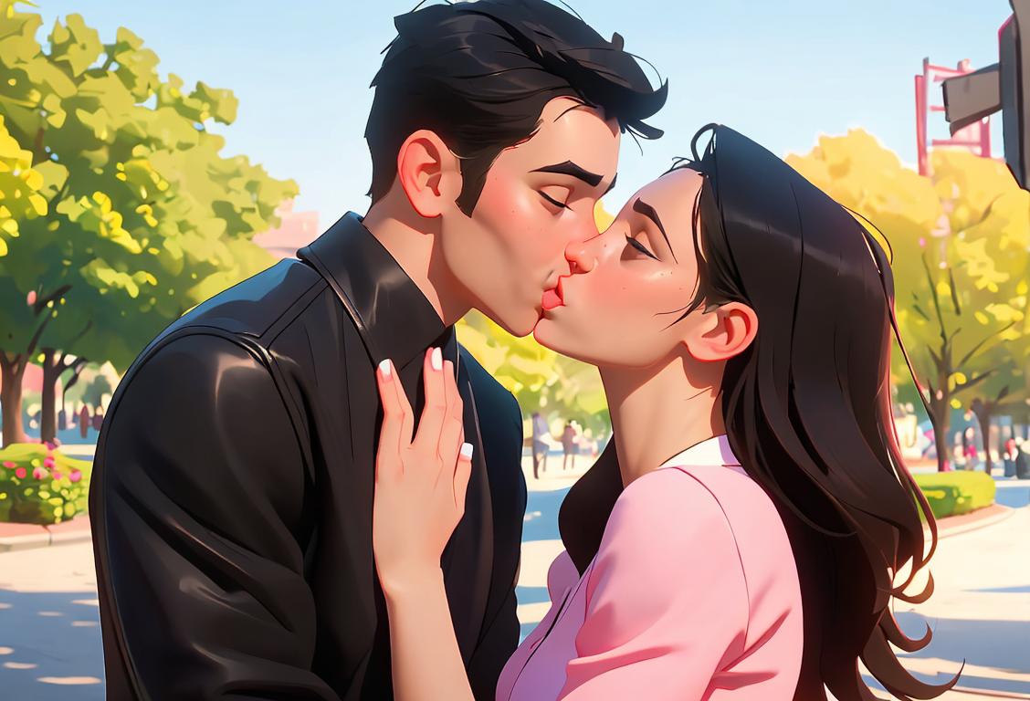 Happy couple sharing a sweet kiss, dressed in trendy outfits, with a scenic backdrop of a romantic park..
