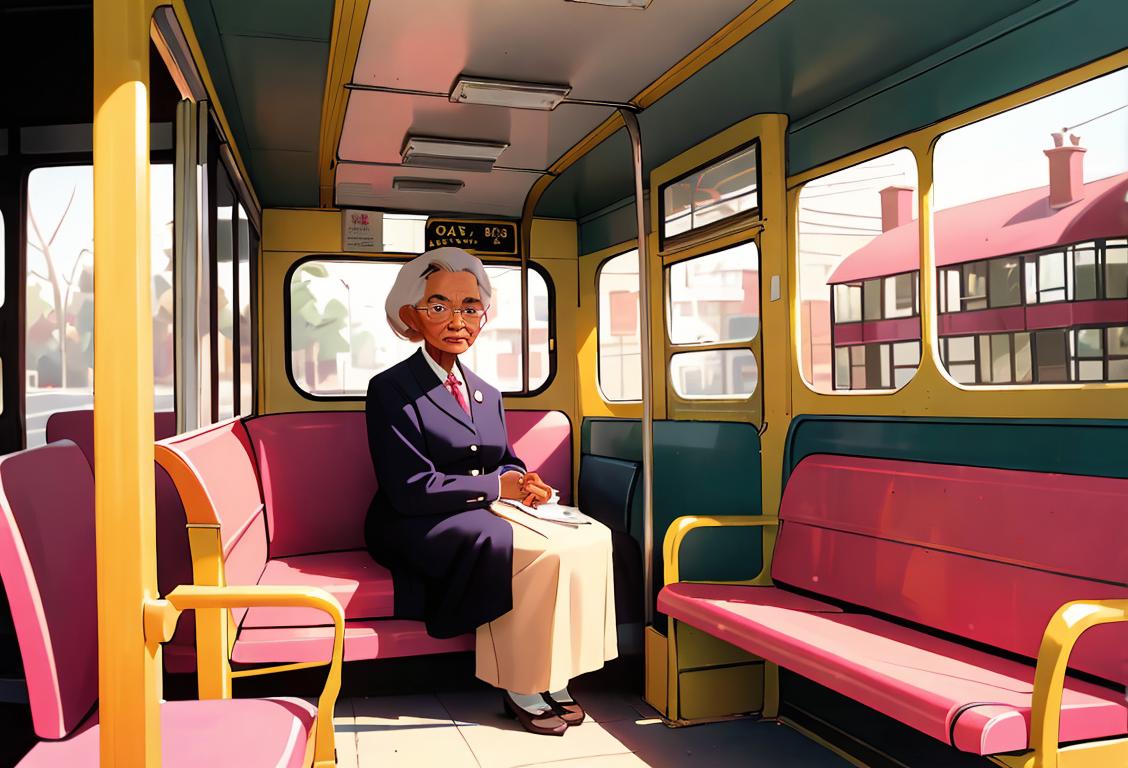 Elderly woman sitting on a bus, wearing modest clothing, vintage 1950s fashion, bus stop setting..