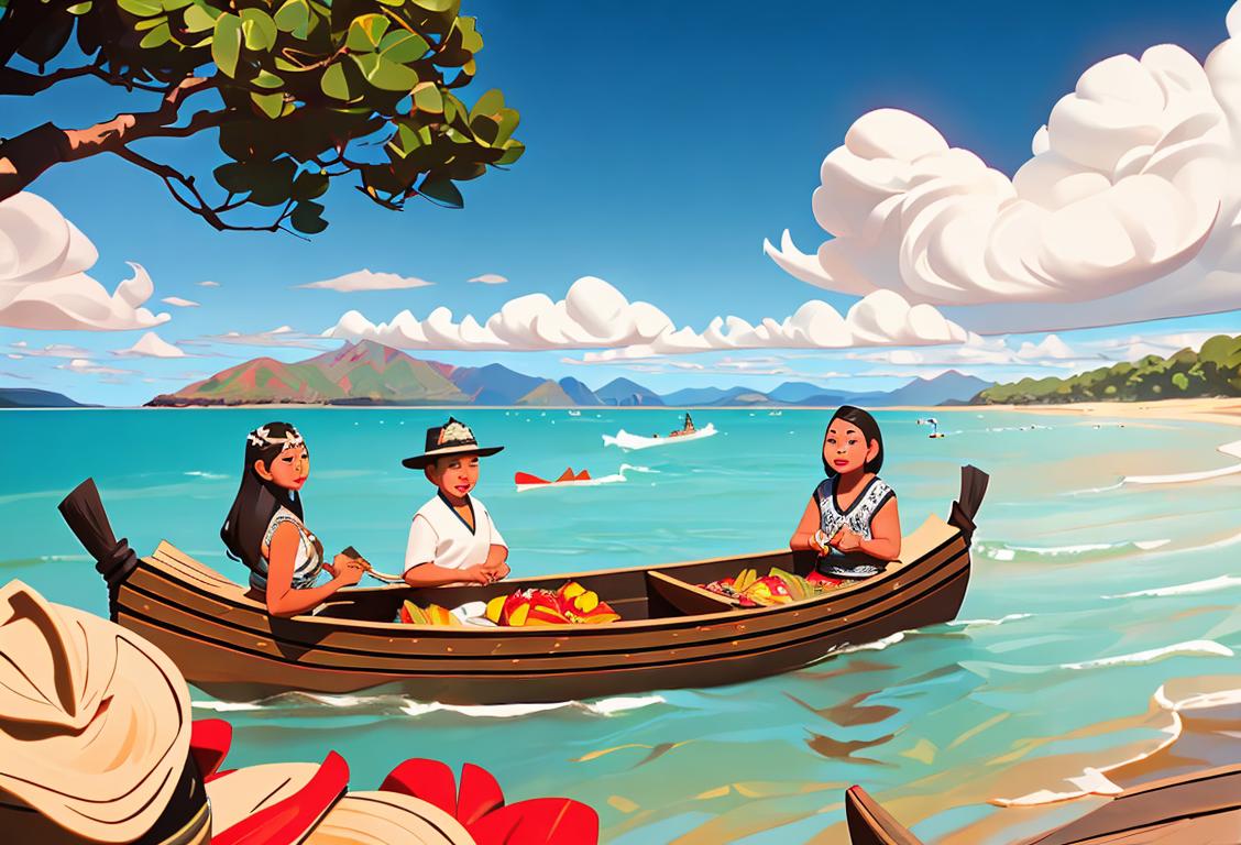 People of diverse ethnicities gathered around a traditional Maori waka (canoe), wearing vibrant traditional clothing, in a scenic coastal setting..