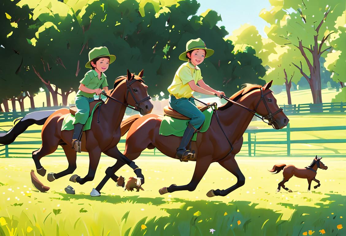 A group of children happily riding beautiful horses in a lush green meadow, wearing colorful western-style riding gear..
