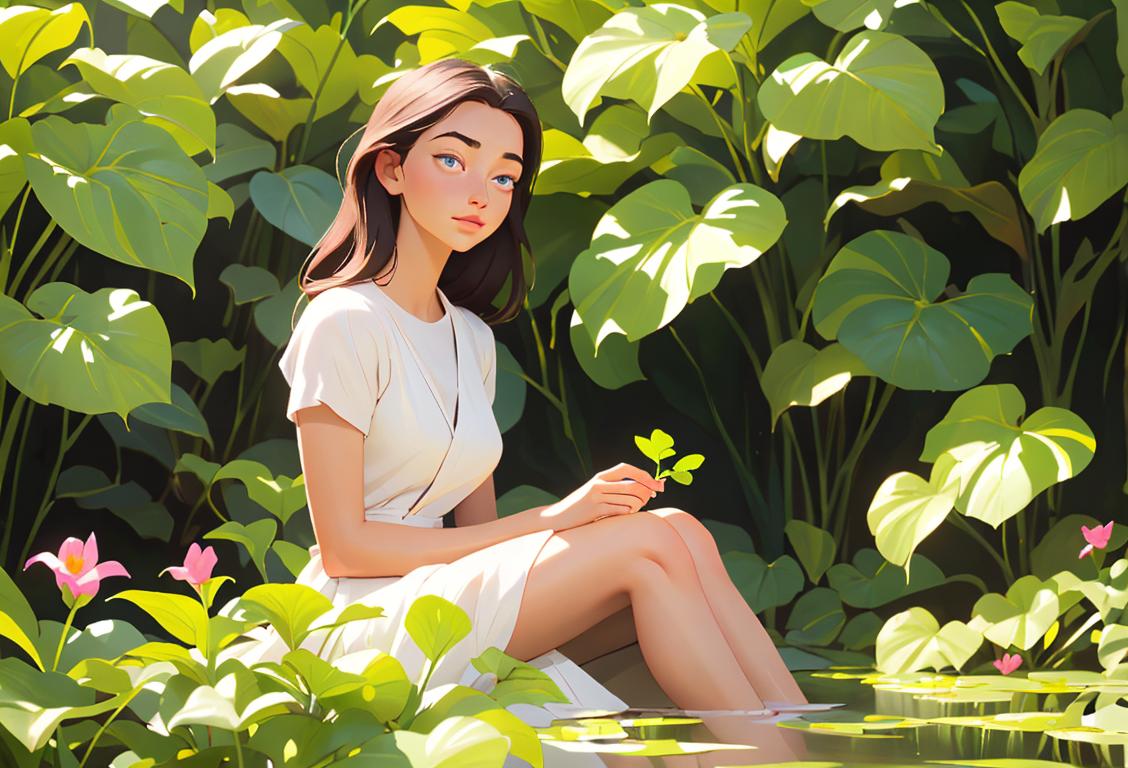 Young woman enjoying a serene moment with clean beauty essentials, surrounded by lush botanicals in a peaceful garden setting..