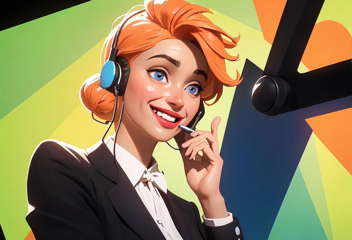 Friendly customer service representative with headset, wearing a bright and cheerful outfit, helping someone over the phone with a smile.