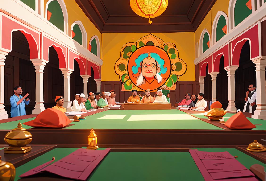 Group of scholars and enthusiasts discussing Vedas in traditional Indian attire, vibrant colors, historical building backdrop.