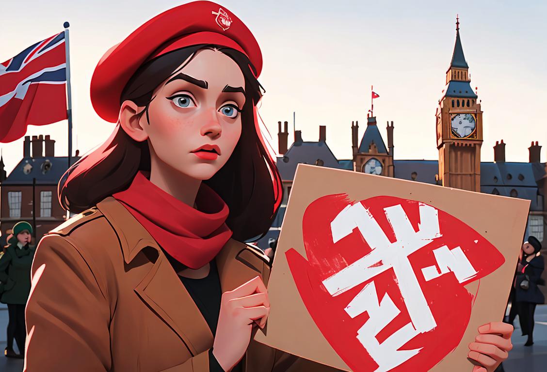 Young woman wearing a red beret, holding a protest sign, with a backdrop of British landmarks in the background..