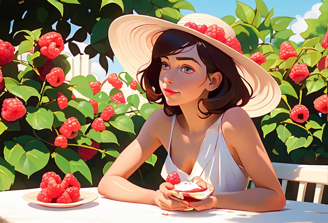 Delightful image of a person enjoying a bowl of fresh raspberries and cream, in a sunny garden, wearing a summer dress and a floppy hat..