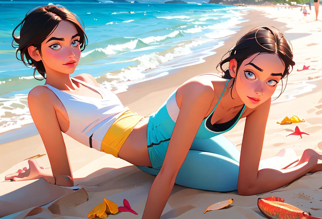 Young adults in beach attire enjoying body shots, tropical beach scene, vibrant summer fashion, beach party.