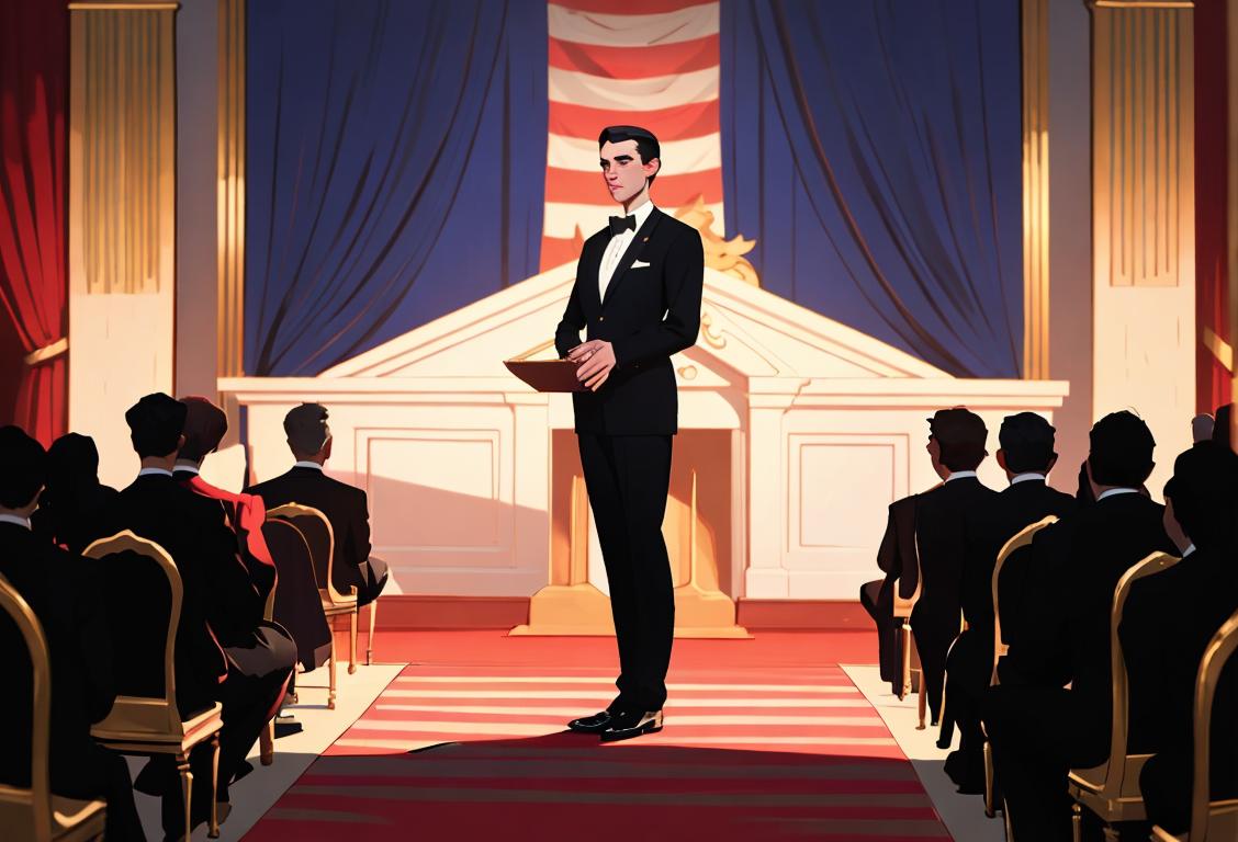 Young man standing on podium in front of a crowd, dressed in formal attire, American flag backdrop..