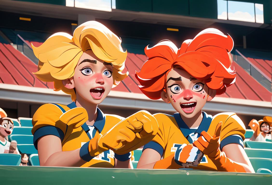 College students dressed in their school colors, cheering on their mascots with painted faces, foam fingers, and pompoms in a buzzing stadium..