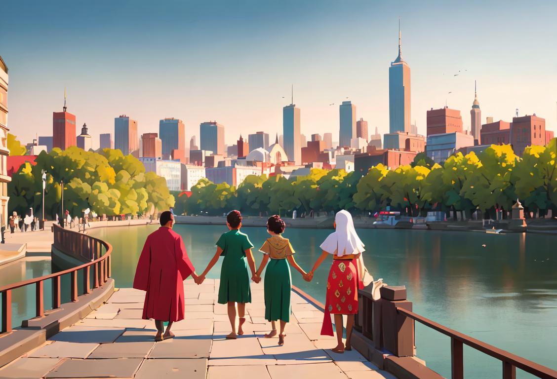 A diverse group of people standing together, holding hands and wearing a mix of cultural clothing. Background includes city skyline and nature scenery..