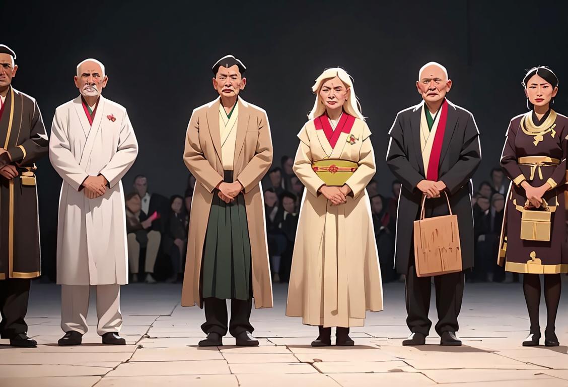 A diverse group of people standing together, wearing traditional clothing from various cultures, symbolizing unity and peace..