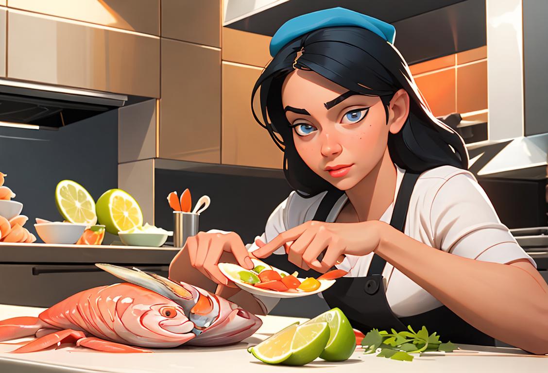 Young woman preparing cebiche, wearing a chef hat, vibrant kitchen scene, with an assortment of fresh seafood and lime slices nearby..