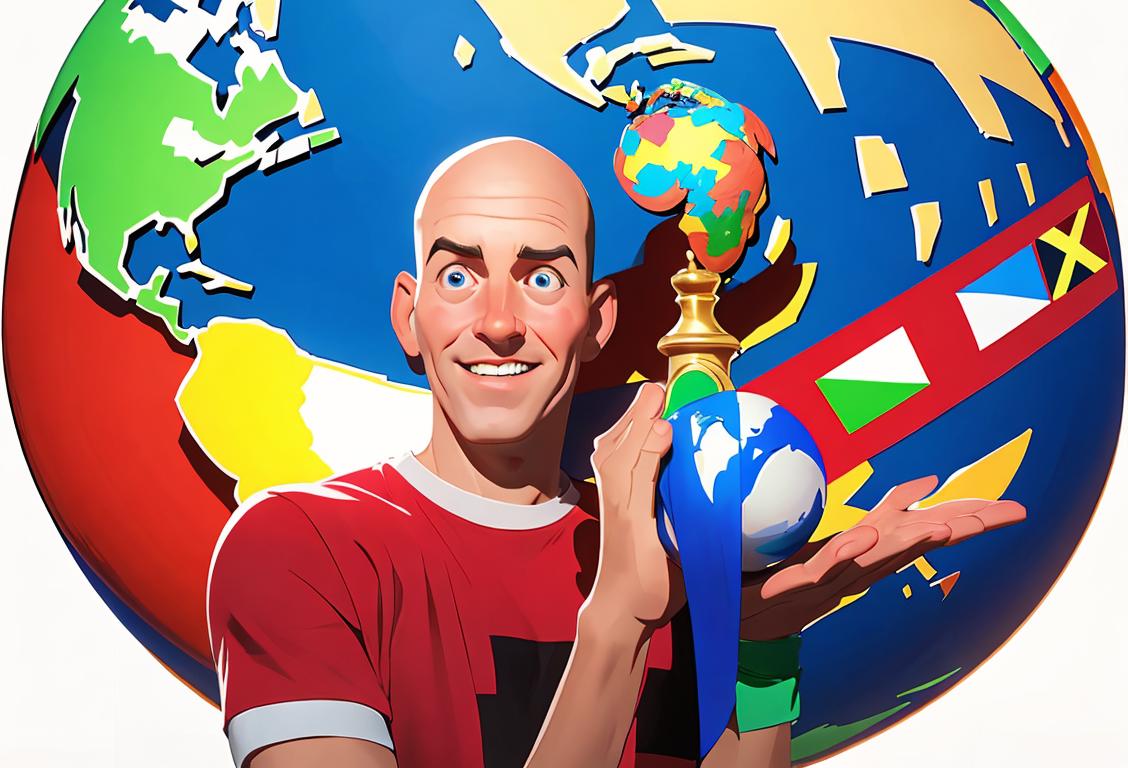 Cheerful man holding a globe, wearing a t-shirt representing various national flags, surrounded by diverse landmarks and cultural symbols..