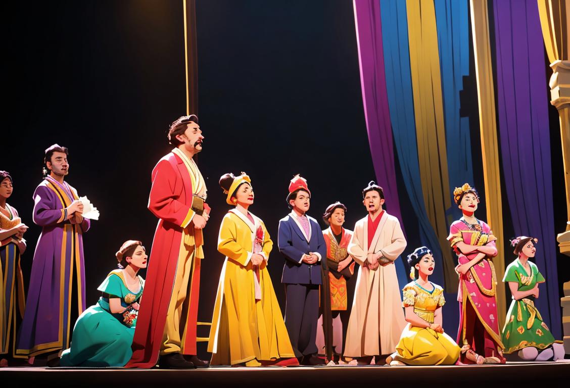 A diverse group of actors in colorful costumes performing on a grand stage, showcasing the global impact of World Theatre Day..