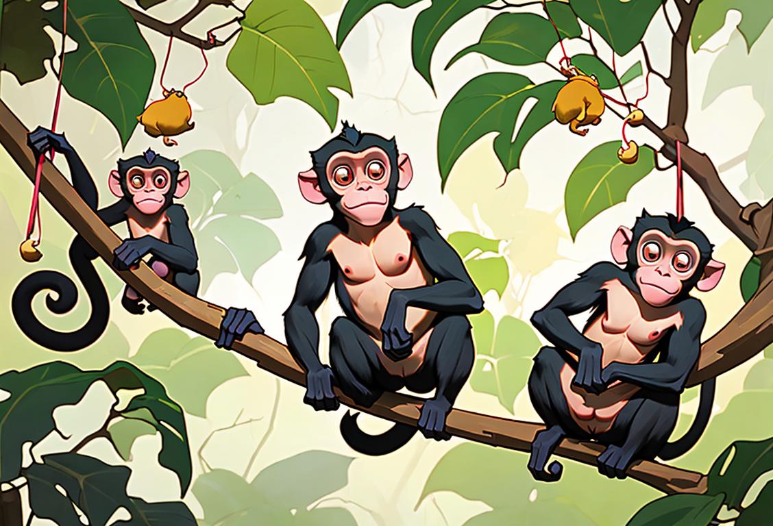 Curious monkeys swinging on branches, wearing colorful hats, in a vibrant jungle setting..
