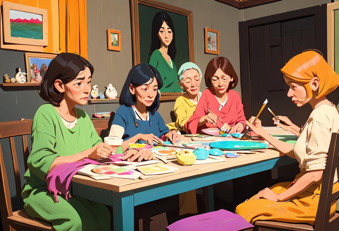 A group of diverse individuals gathering together, creating handmade crafts, in a cozy indoor setting with colorful fabrics and paintbrushes..