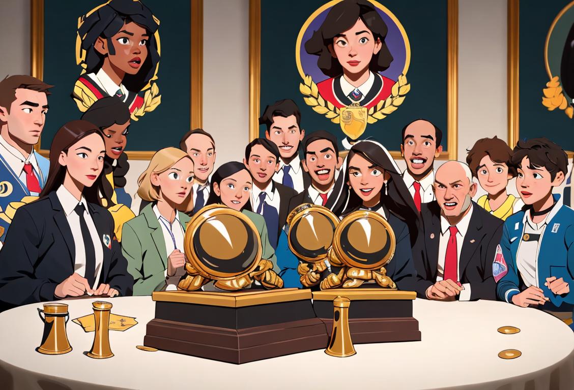 A diverse group of people wearing varsity jackets, surrounded by trophies, celebrating their victories in various fields like sports, academics, and personal achievements..