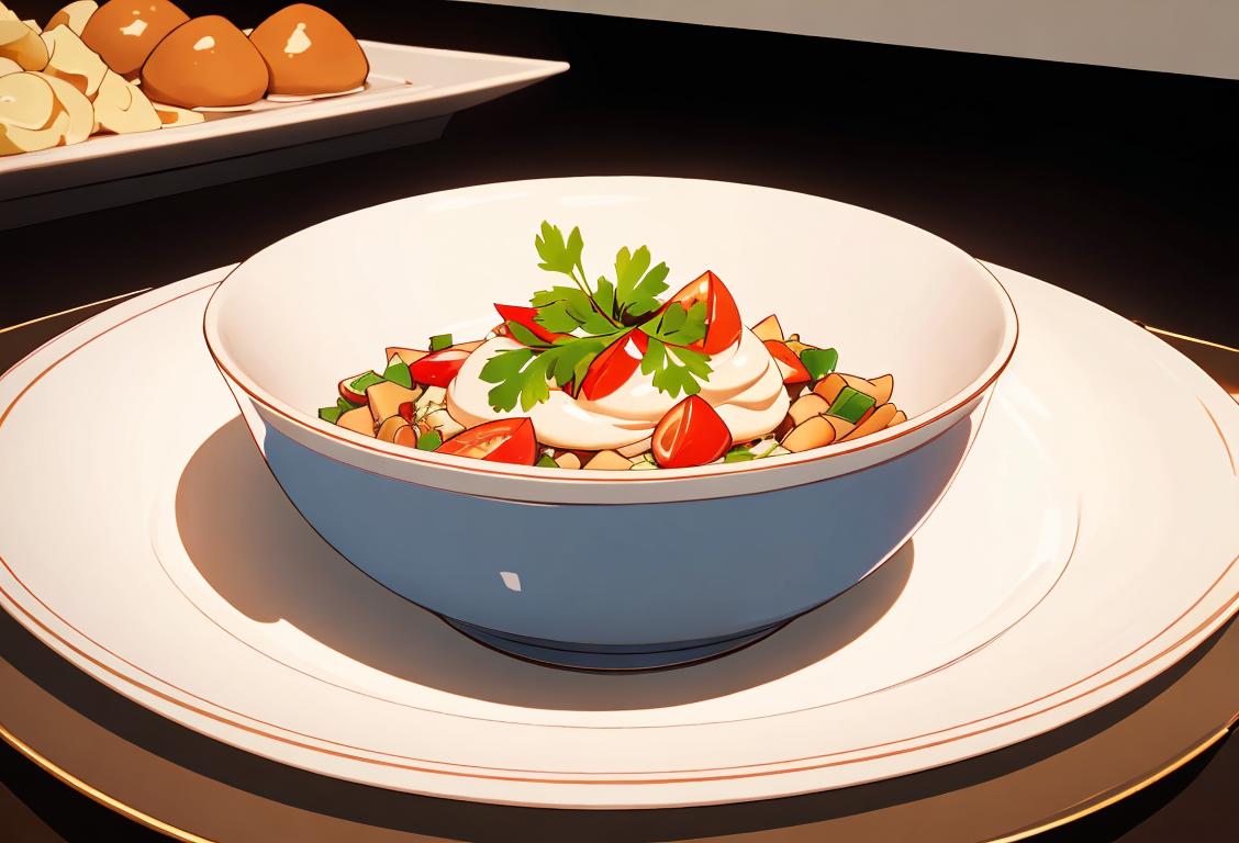 Delicate souffle rising in an elegant dish, surrounded by a kitchen filled with vibrant ingredients and a chef's hat..