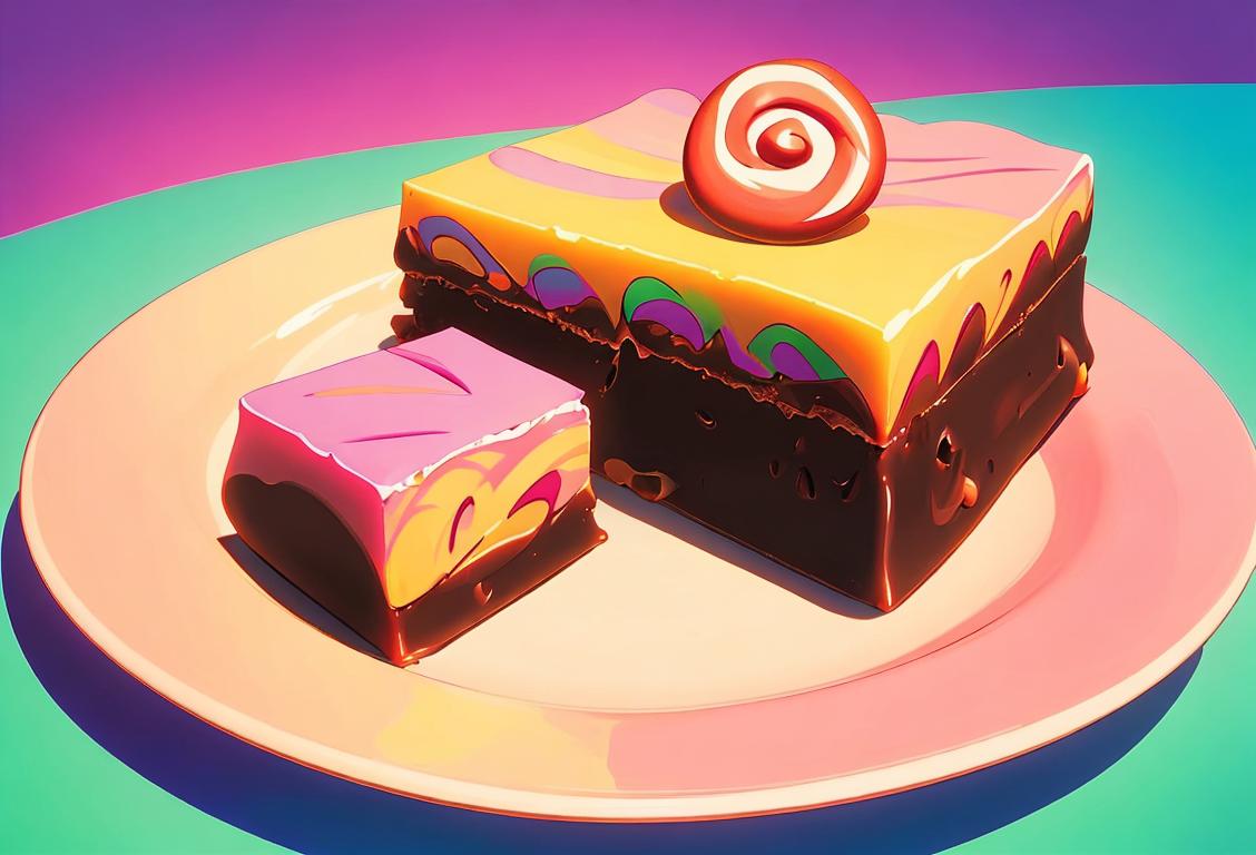 A joyful person holding a plate of fudge fudge, surrounded by vibrant colors and a whimsical candyland setting..