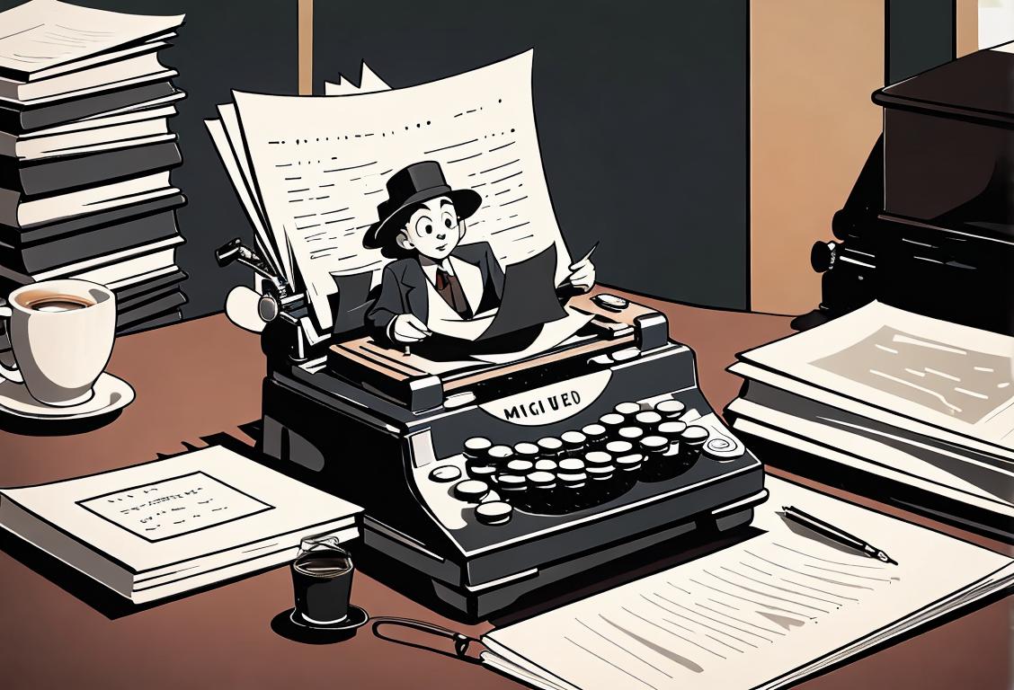 Young journalist writing a news article, wearing a classic press hat, vintage typewriter on a desk, surrounded by stacks of newspapers and coffee cups..