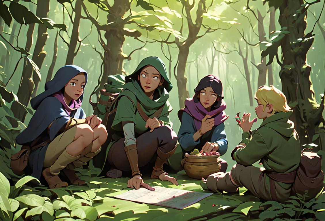 A group of diverse adventurers in outdoor gear, exploring a mystical forest with a treasure map..