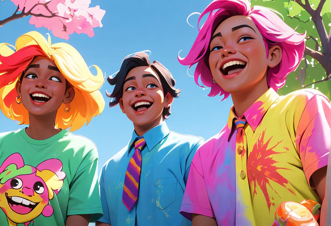 Group of diverse friends sharing laughter and joy while enjoying a sunny day outdoors, wearing colorful tie-dye shirts, surrounded by nature and positivity, celebrating National Bong Day..
