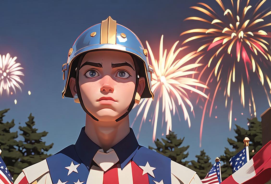 A young patriot wearing a national championship helmet for Memorial Day celebration, surrounded by fireworks and American flag banners..