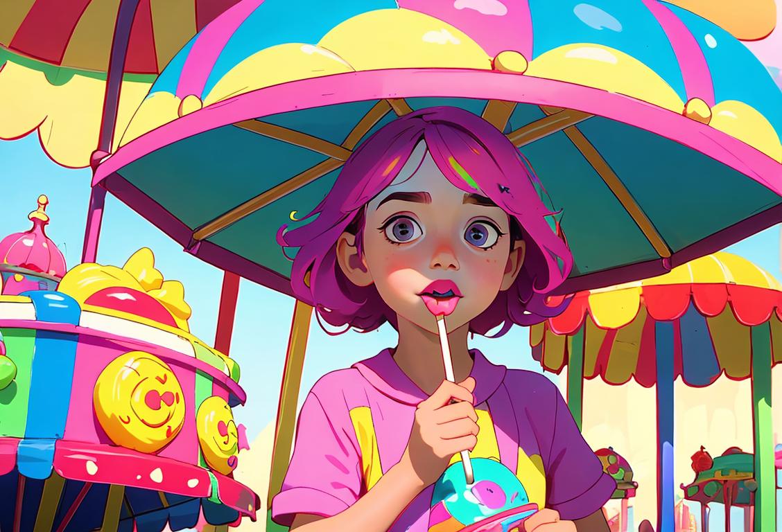 Child wearing a colorful hat and holding a lollipop, surrounded by a theme park carousel, vibrant and cheerful atmosphere..