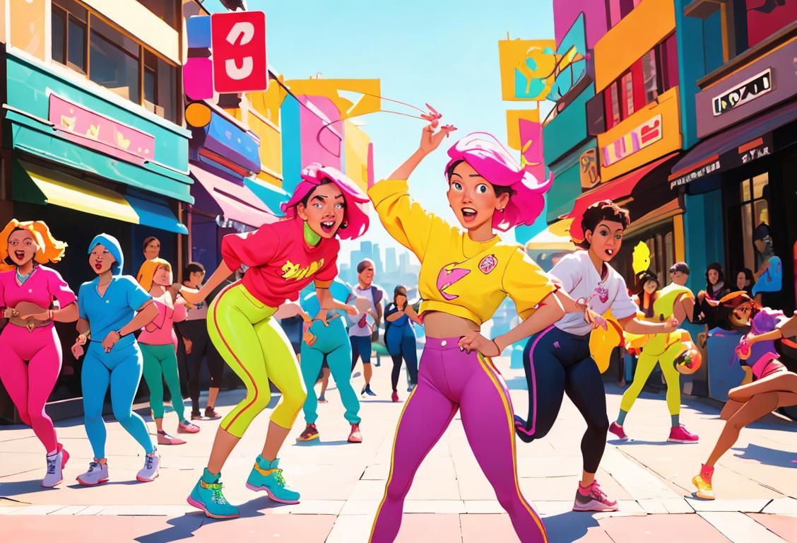 Diverse group of people participating in a fun and energetic challenge, wearing colorful outfits, urban city setting..