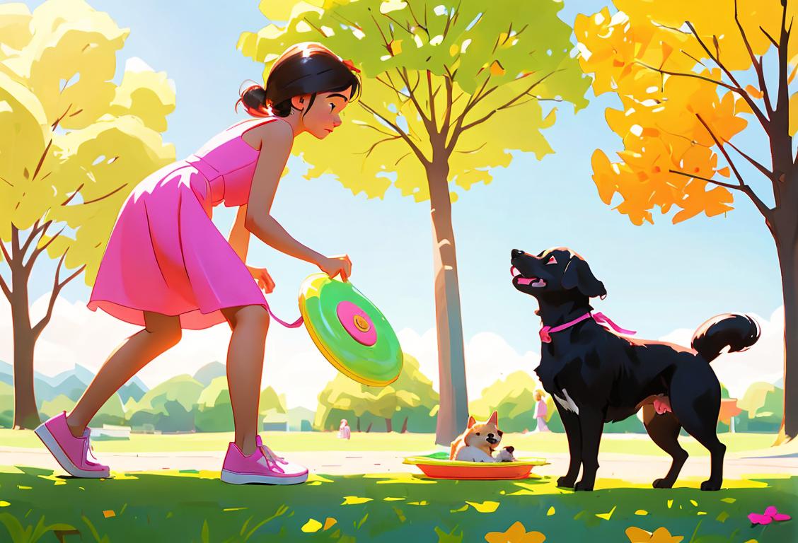 A young girl playing with her pet dog in a sunny park, wearing a colorful summer dress and holding a frisbee..