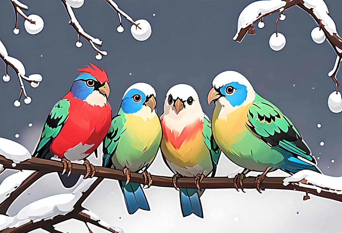A group of colorful birds perched on a tree branch against a winter backdrop, showcasing their vibrant feathers and a touch of snowy charm..