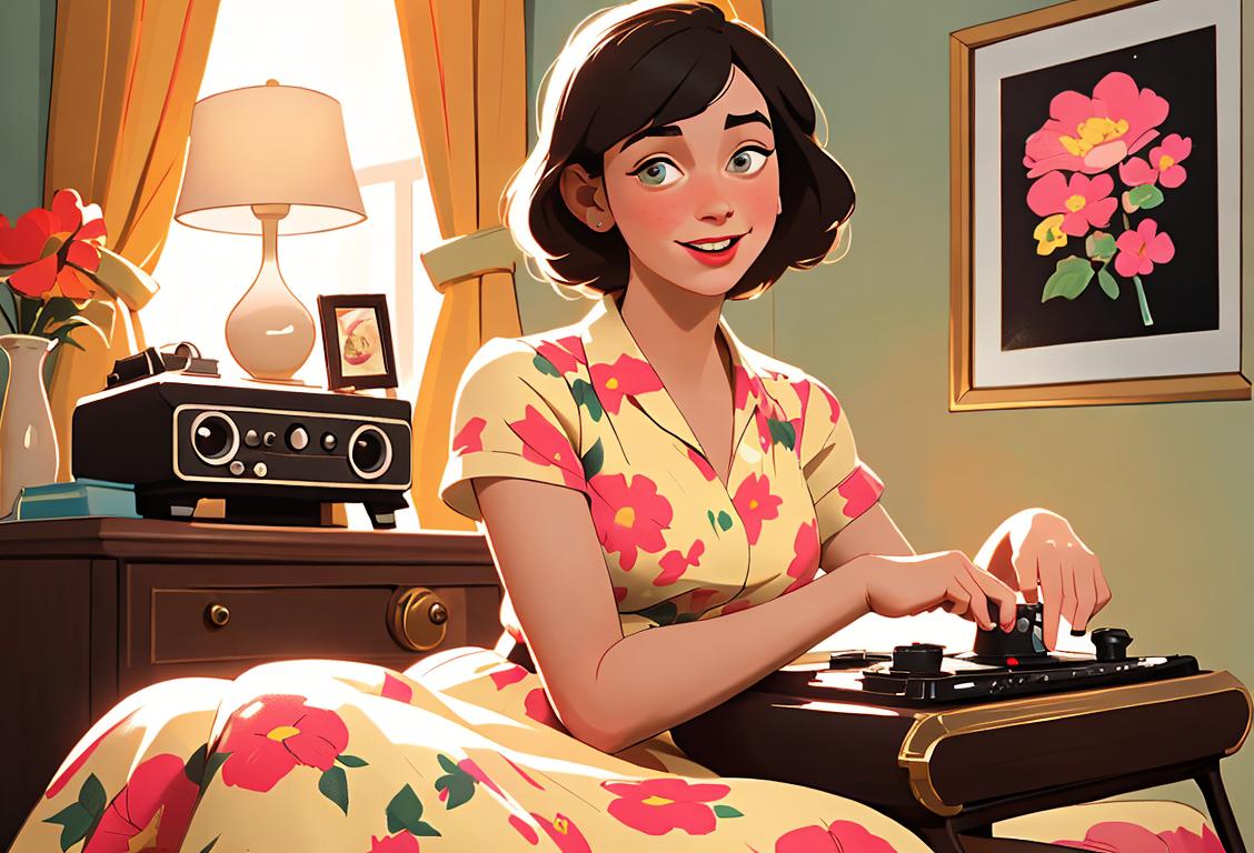 A cheerful young woman named Chloe, wearing a vintage floral dress, embracing a retro vinyl record player in a cozy, sunlit living room..