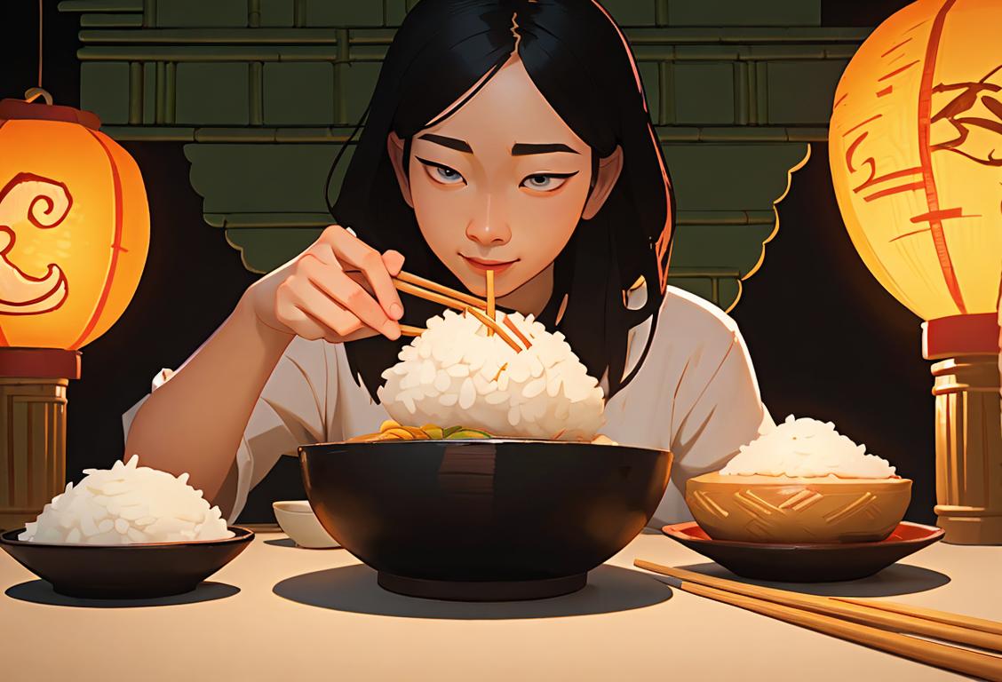 A person with chopsticks, enjoying a fluffy rice cake, surrounded by a vibrant Asian-inspired setting with lanterns and bamboo decorations..