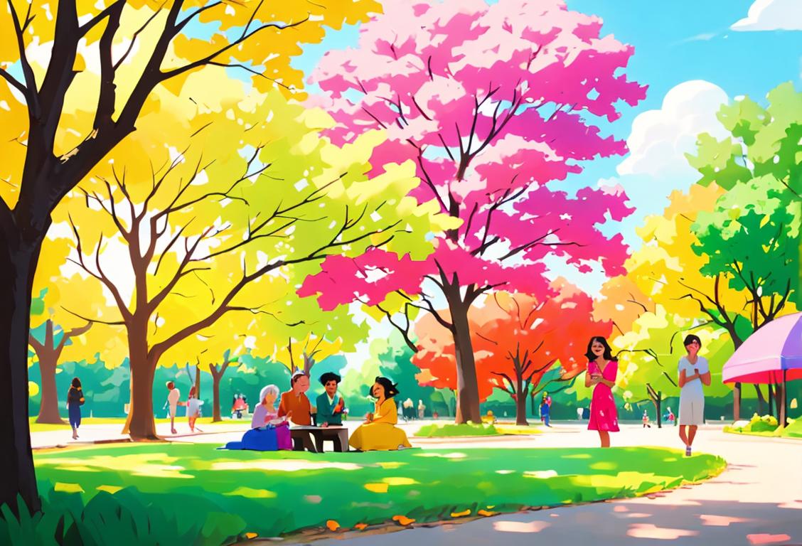 A diverse group of people, with bright smiles, wearing colorful clothes, gathering in a park surrounded by vibrant nature..