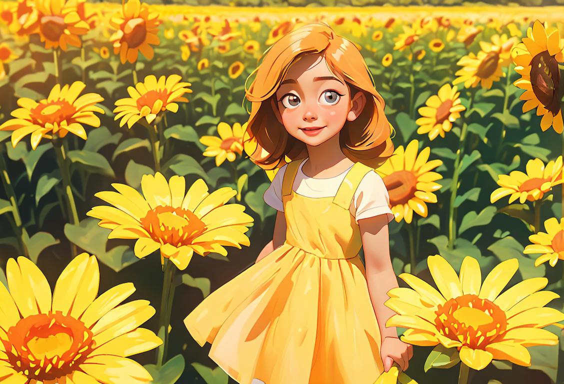 A sunny day in a colorful flower field, with worker bees buzzing around a cheerful little girl wearing a beekeeper hat and a flowy summer dress..
