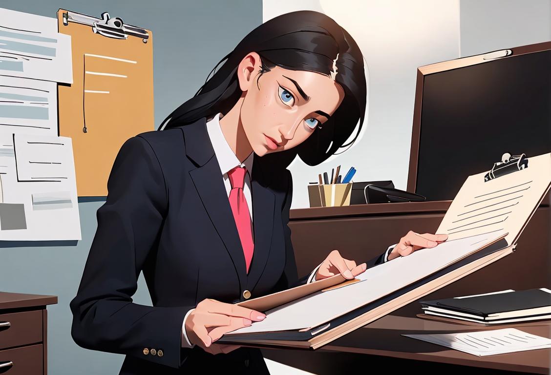 Young professional holding a clipboard, wearing a business suit, modern office environment, symbolizing growth and improvement on National Practice Development Day..
