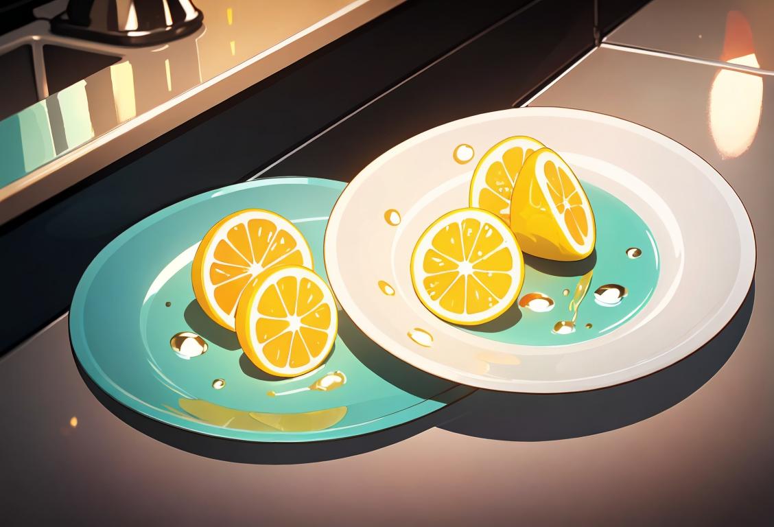 A serene-looking dishwasher sitting in a sparkly, spotless kitchen, surrounded by colorful bubbles and shiny clean dishes..