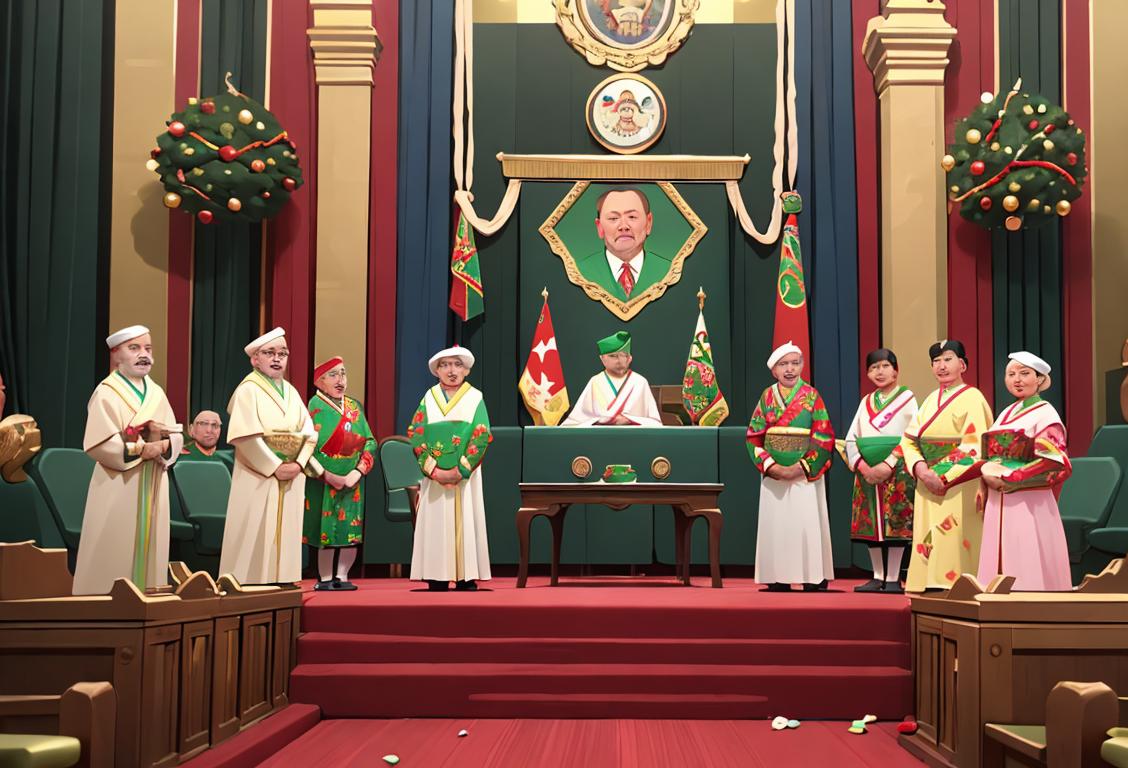 A group of diverse individuals coming together in a brightly decorated room, wearing festive clothing, representing unity and celebration on National Assembly Day..