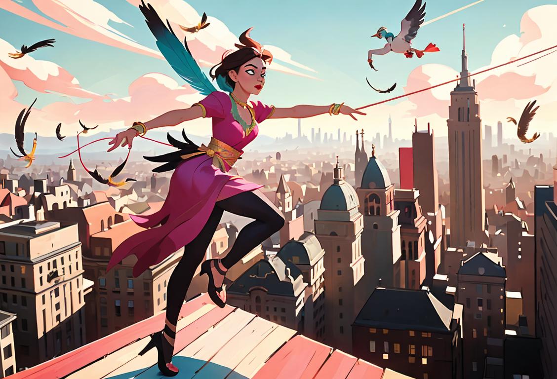 Young adult crossing a tightrope, wearing a vibrant outfit with feathers, amidst a bustling city skyline.