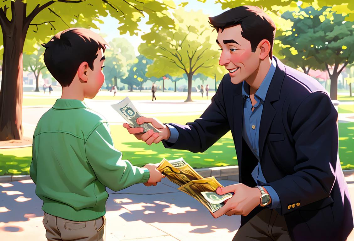 Cheerful father handing money to son, both wearing casual outfits, in a sunny park setting..