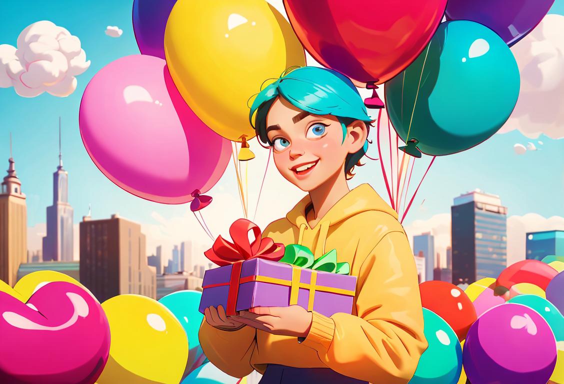 A cheerful young person, holding a stack of gift cards and wearing a trendy outfit, surrounded by colorful balloons and a bustling cityscape background..