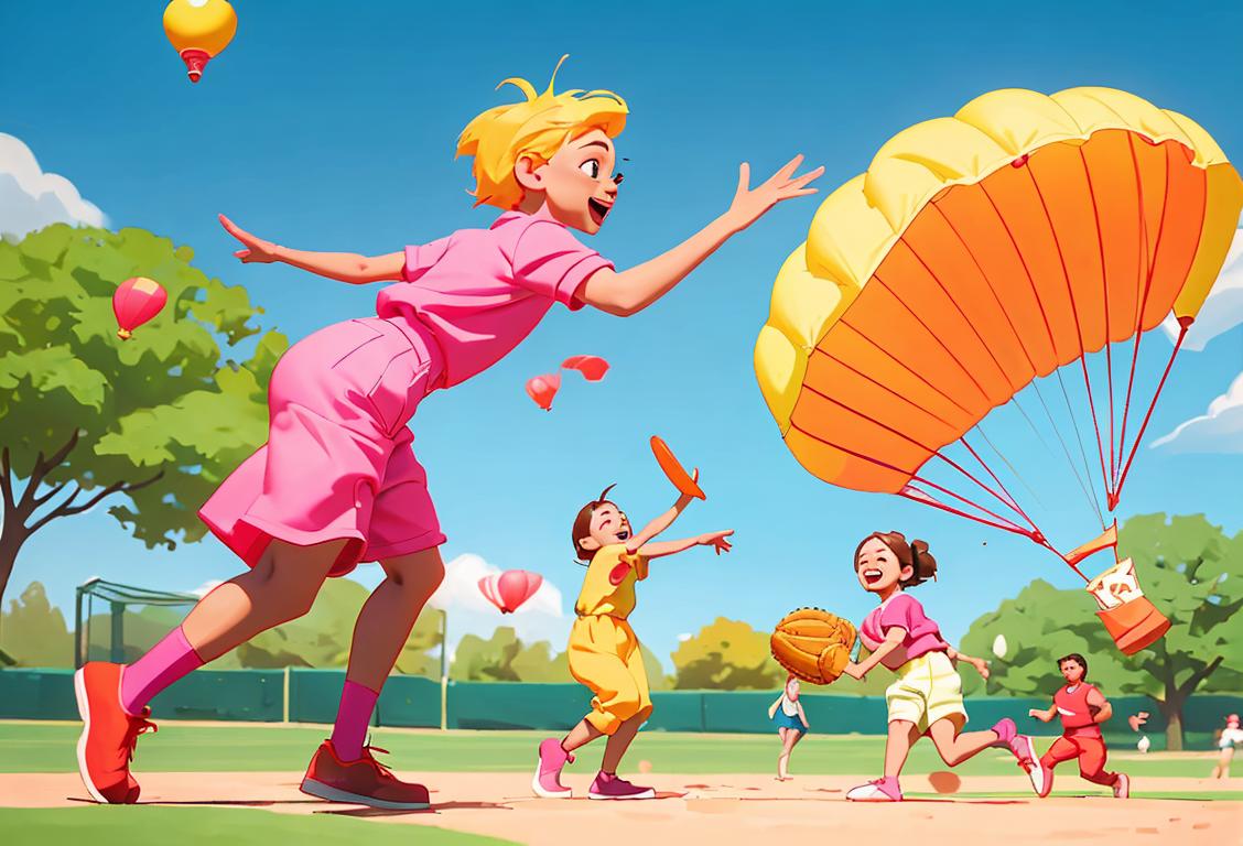 Group of diverse friends joyfully playing a game of catch with a tiny parachute, wearing bright and playful outfits, vibrant park setting..