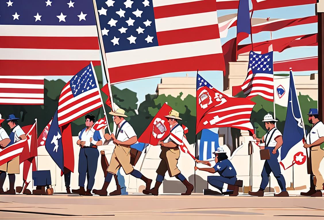 A diverse group of workers wearing various work uniforms, each holding a prescription bottle, surrounded by union banners and American flags, celebrating Labor Day..