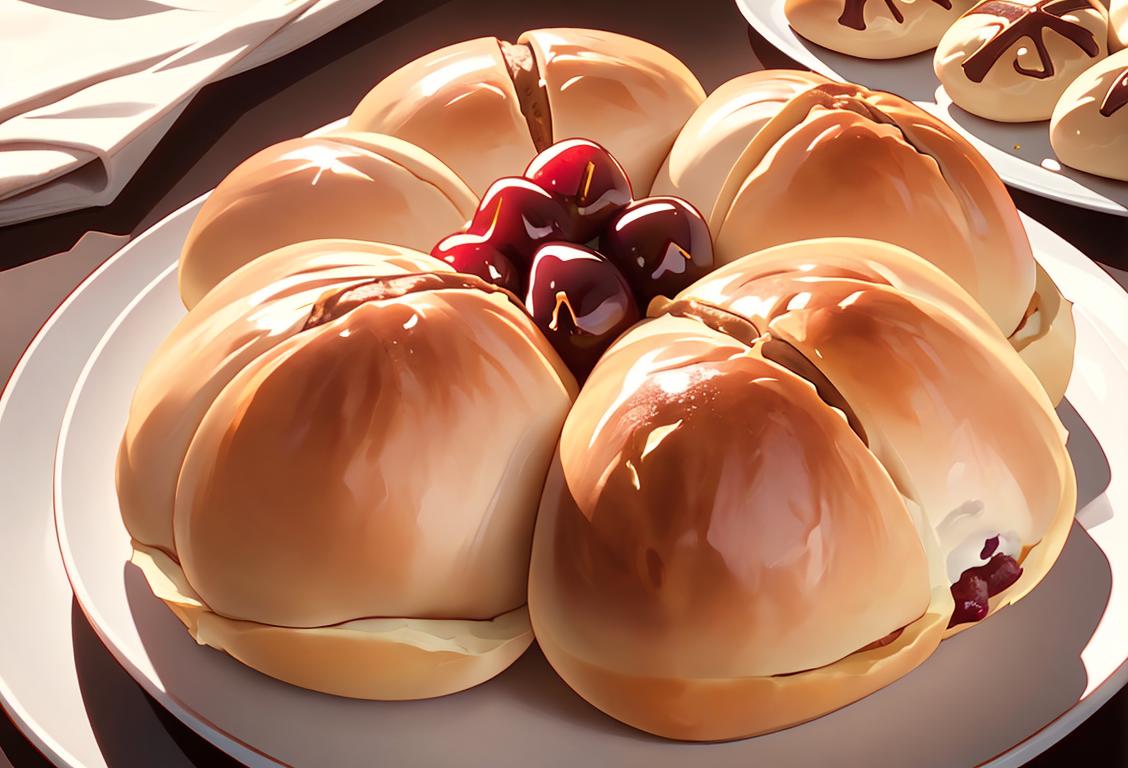 Close-up shot of hands delicately placing currants on top of a freshly baked hot cross bun, with a quaint countryside kitchen backdrop..