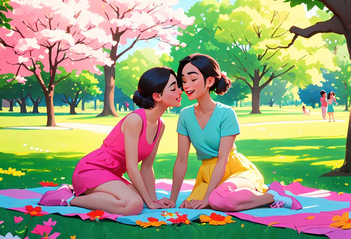 Two best friends embracing each other in a park, wearing colorful summer outfits, surrounded by blooming flowers and an idyllic picnic scene.