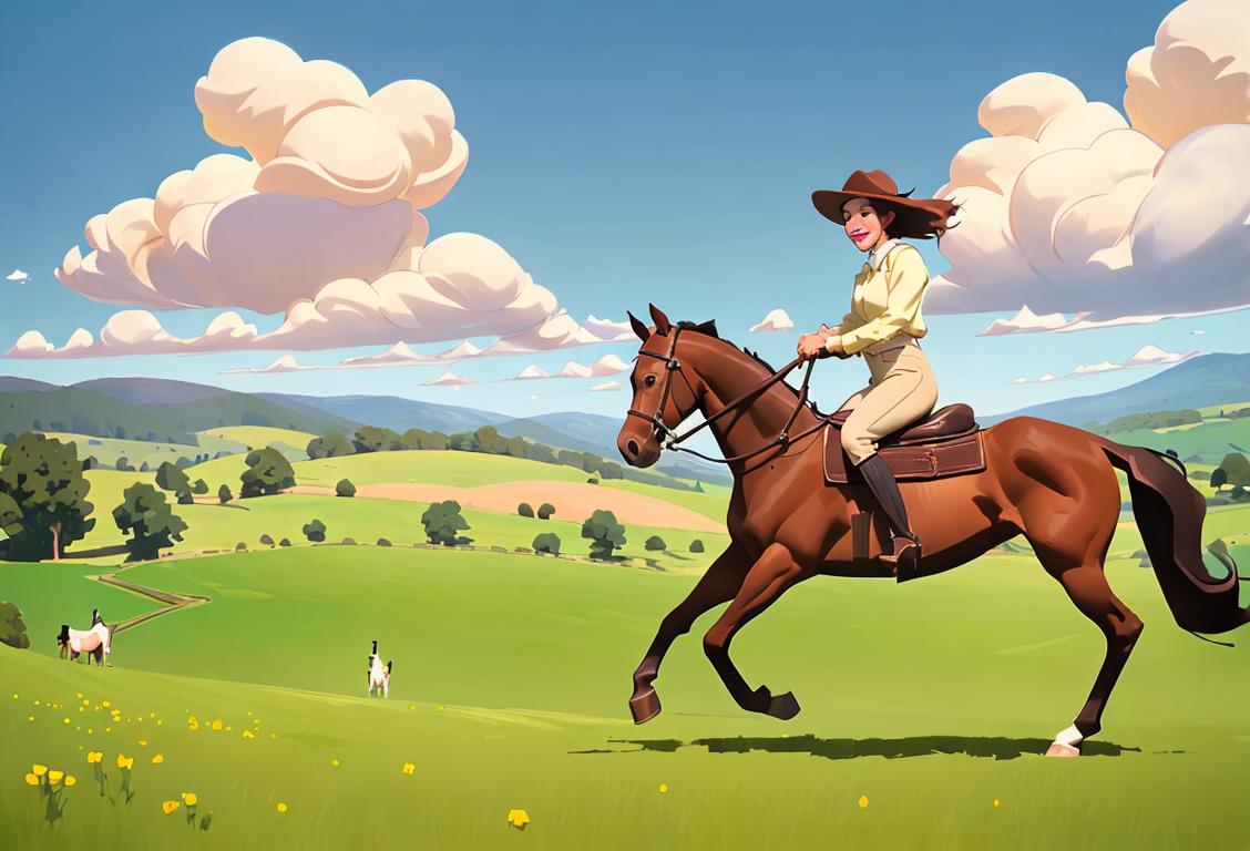 Friendly image prompt of a person in equestrian attire, horseback riding in a scenic countryside with joy and enthusiasm. Fashion: Classic equestrian clothing. Scene: Beautiful rolling hills and blue sky..
