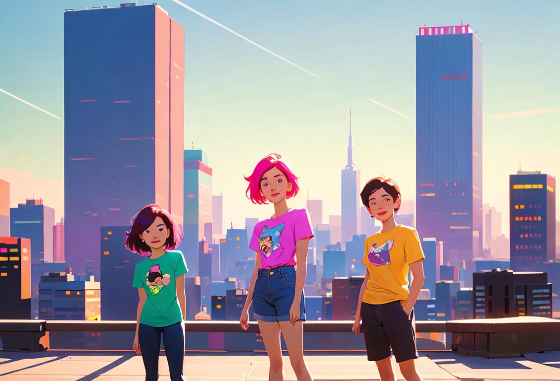 A group of diverse people, wearing colorful t-shirts with survey questions, standing in front of a vibrant city skyline..