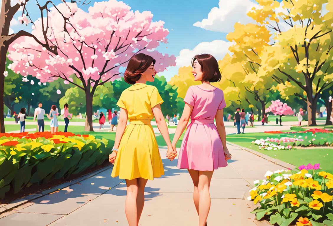 Two people holding hands, wearing matching friendship bracelets, surrounded by a vibrant park full of blooming flowers and happy faces..